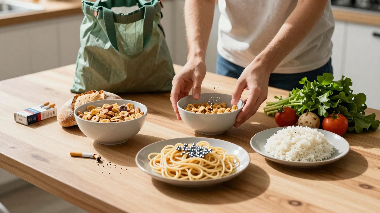 Pessoa organizando pratos com alimentos e verduras frescas sobre mesa de madeira clara.