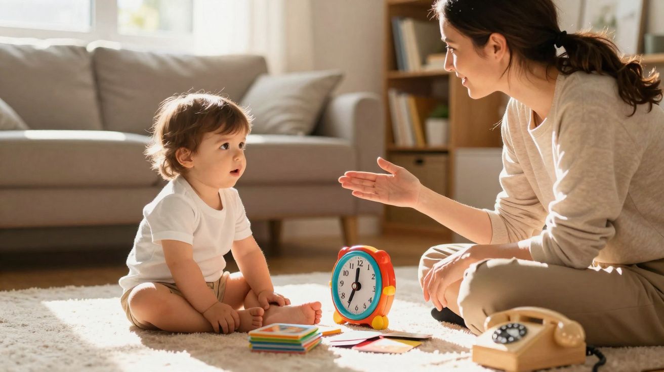Mulher conversa com bebê sentado no tapete, brinquedos educativos e telefone antigo ao redor.