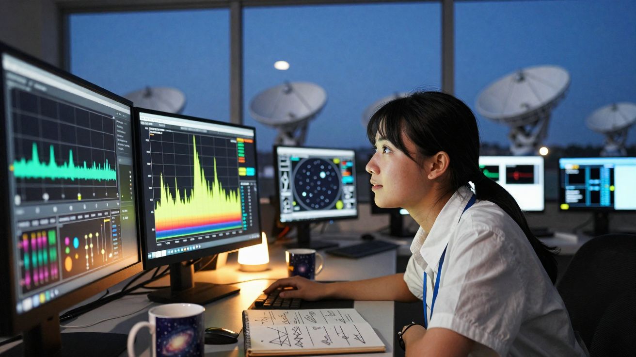 Mulher jovem analisando dados em múltiplas telas de computador com antenas parabólicas ao fundo à noite.