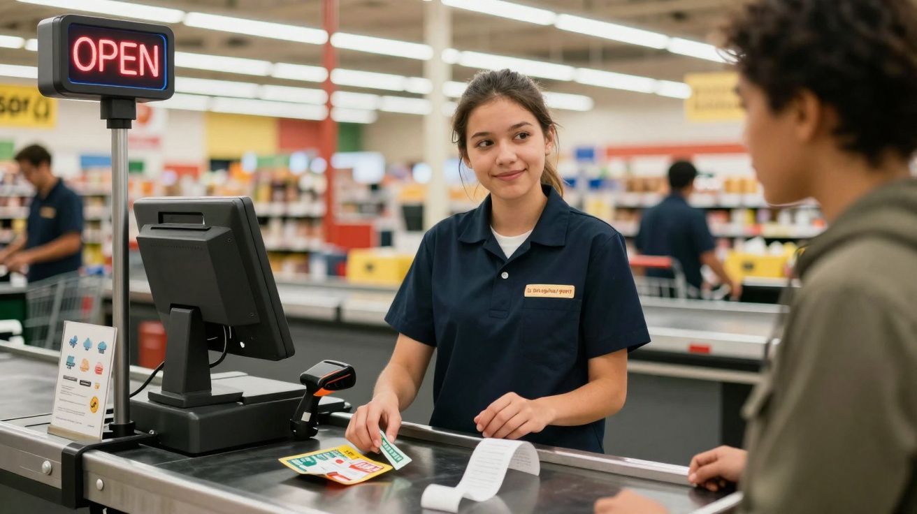 Caixa em uniforme atendendo cliente no caixa de supermercado com placa "open" ao fundo.