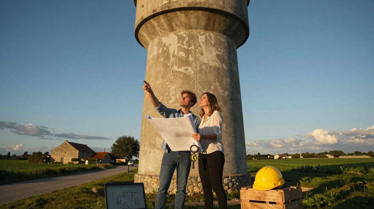 Homem e mulher analisam planta baixa em obra externa próxima a torre de concreto ao entardecer.