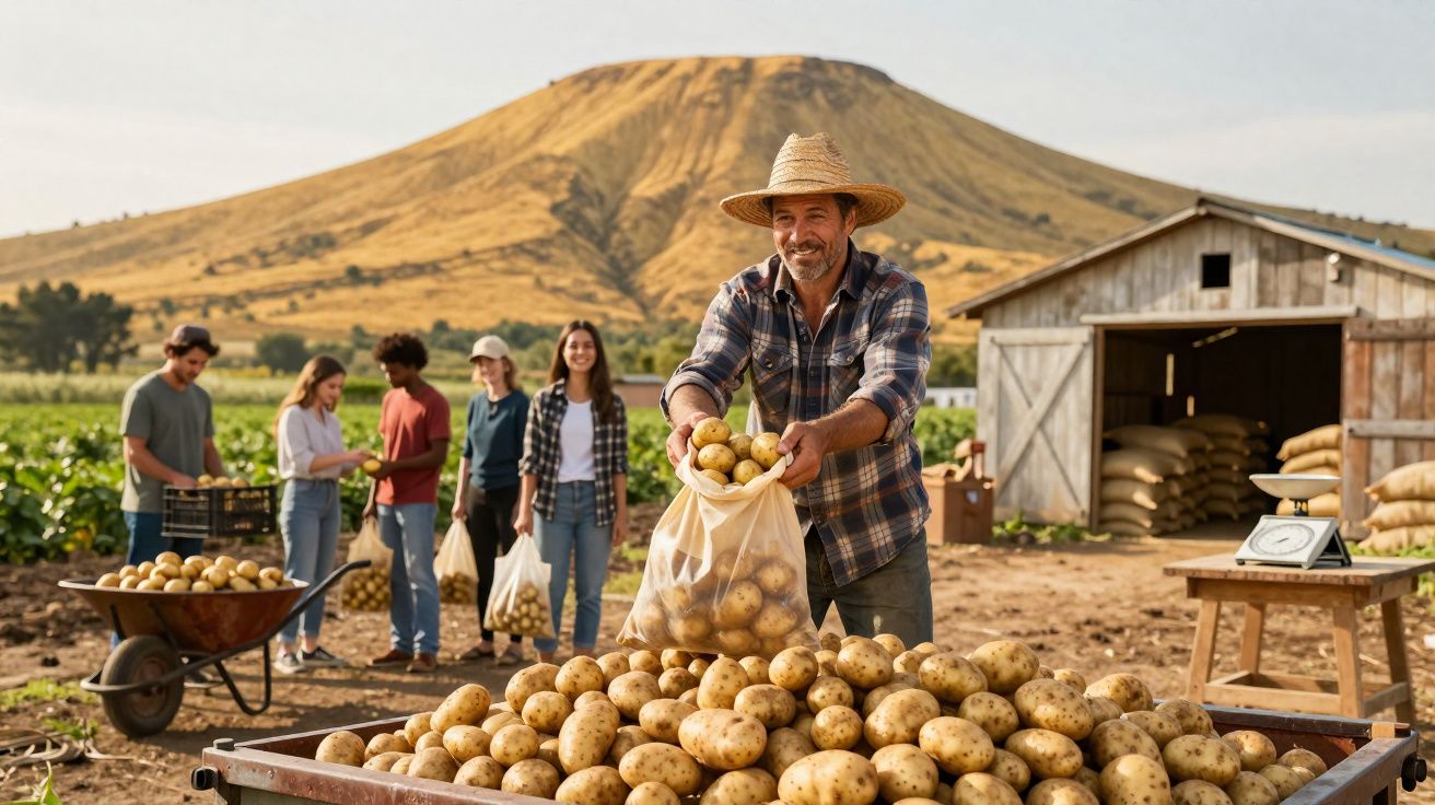 Homem com chapéu de palha colhendo batatas em fazenda com grupo de pessoas e montanha ao fundo.