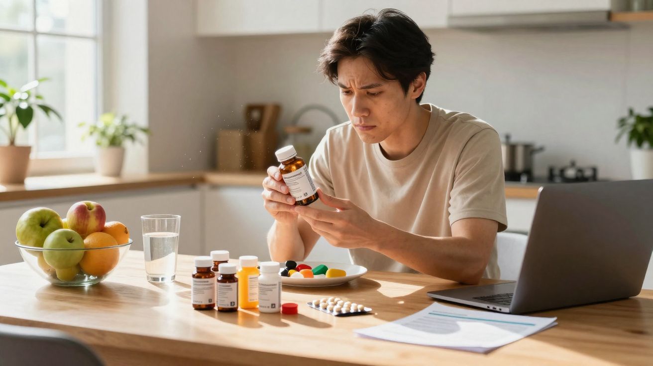 Homem analisando frasco de medicamento sentado à mesa com várias pílulas e laptop ao lado em cozinha iluminada.