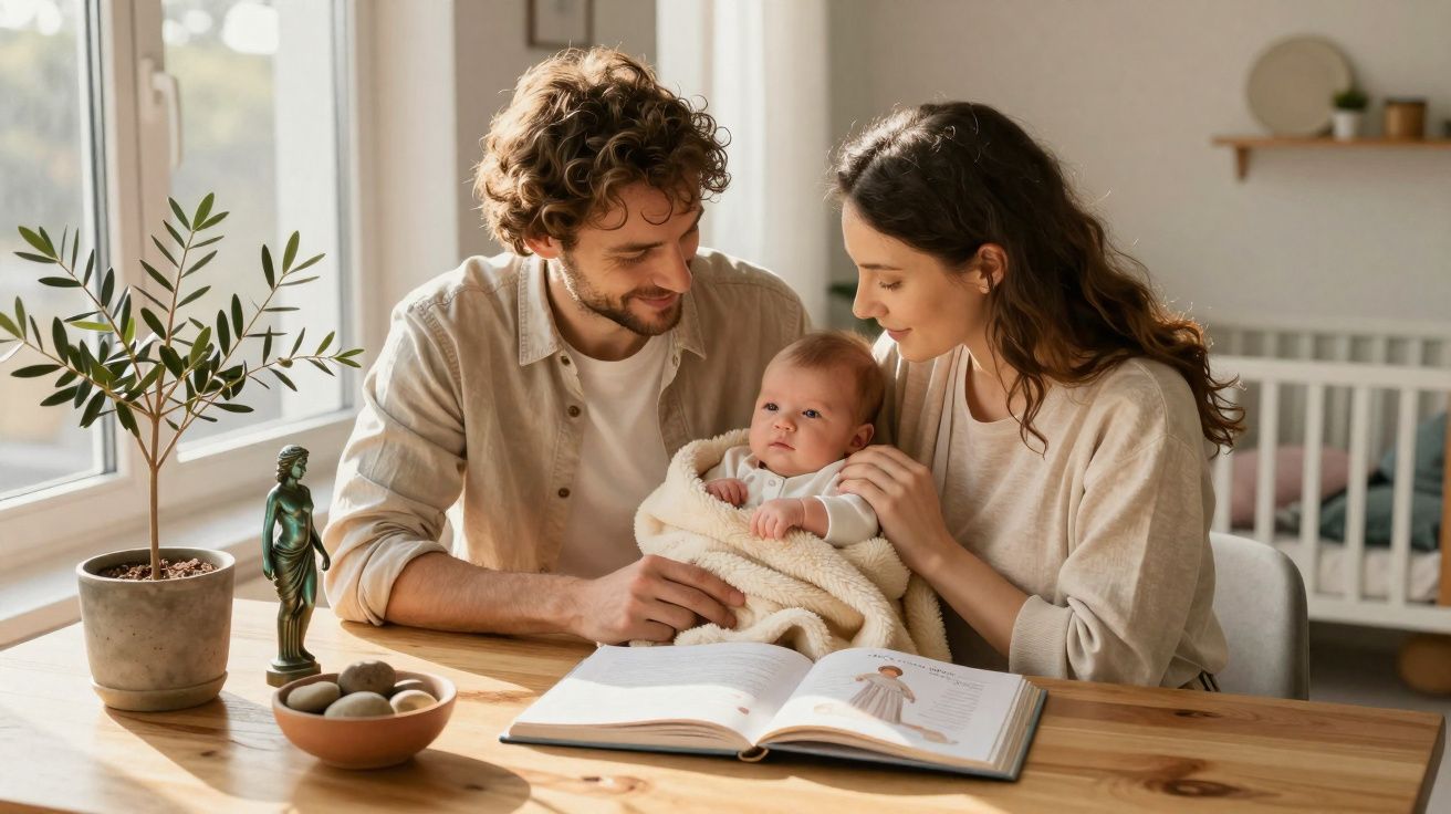 Casal com bebê no colo sentado à mesa com livro aberto em ambiente iluminado e acolhedor.