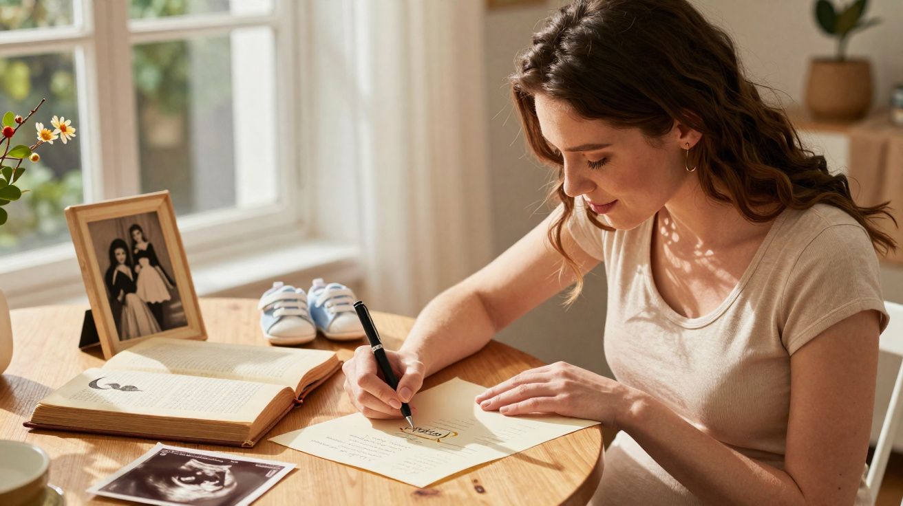 Mulher grávida escrevendo carta em mesa com ultrassom, livro aberto, foto em porta-retrato e sapatinhos de bebê.