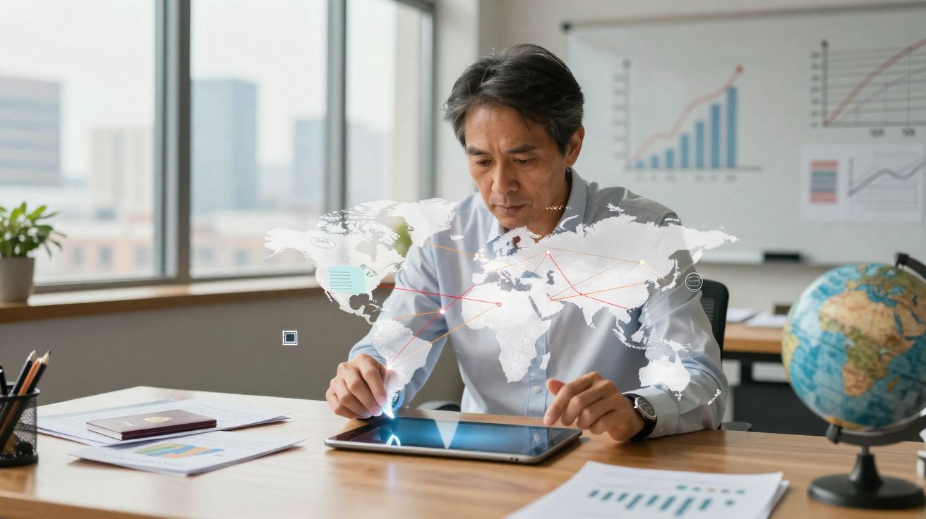 Homem analisando dados em tablet com mapa-múndi e gráficos de negócios em escritório moderno.