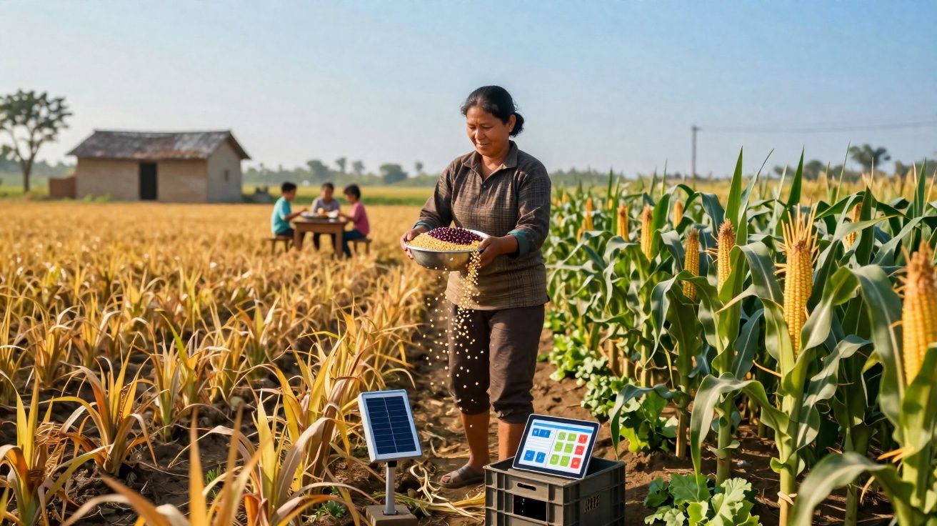 Mulher agricultora com sementes em campo, perto de painel solar e dispositivo digital, com três crianças ao fundo.
