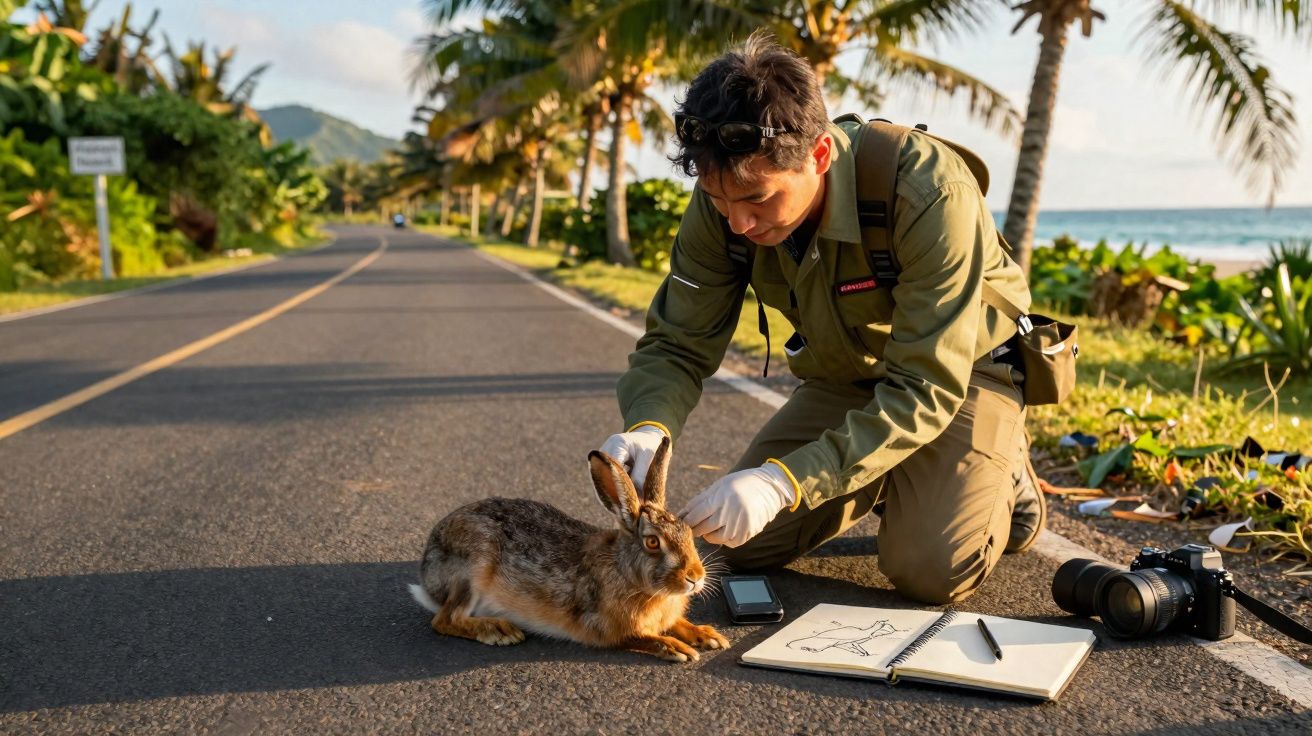 Homem de uniforme examina coelho na estrada com caderno aberto e câmera fotográfica ao lado.