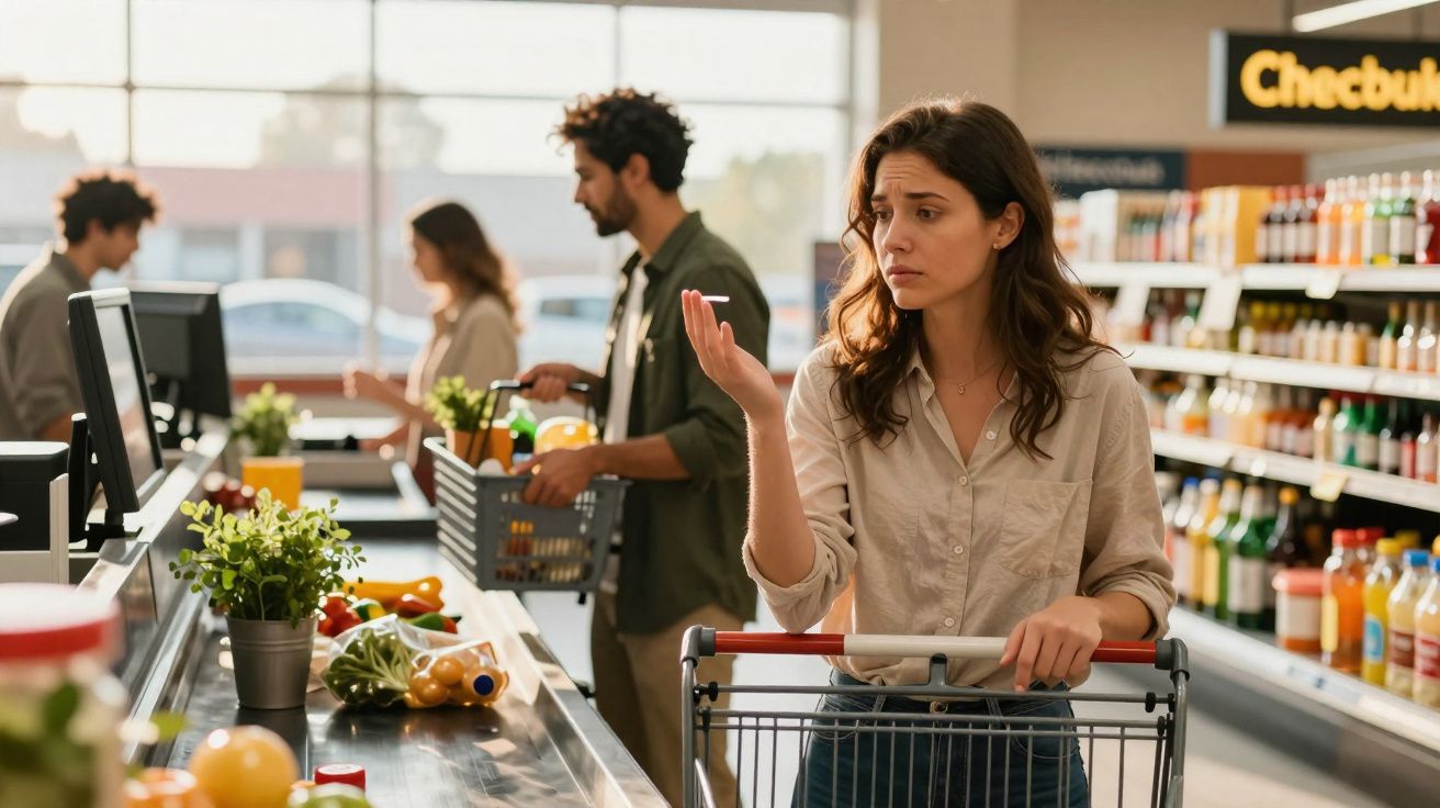 Mulher confusa segurando um cartão na fila do caixa em supermercado com outras pessoas ao fundo.