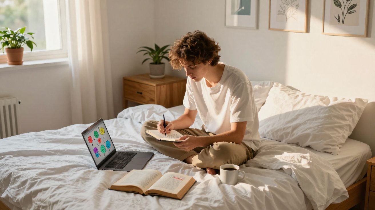 Pessoa sentada na cama escrevendo em caderno, com livro aberto, computador e xícara ao redor.