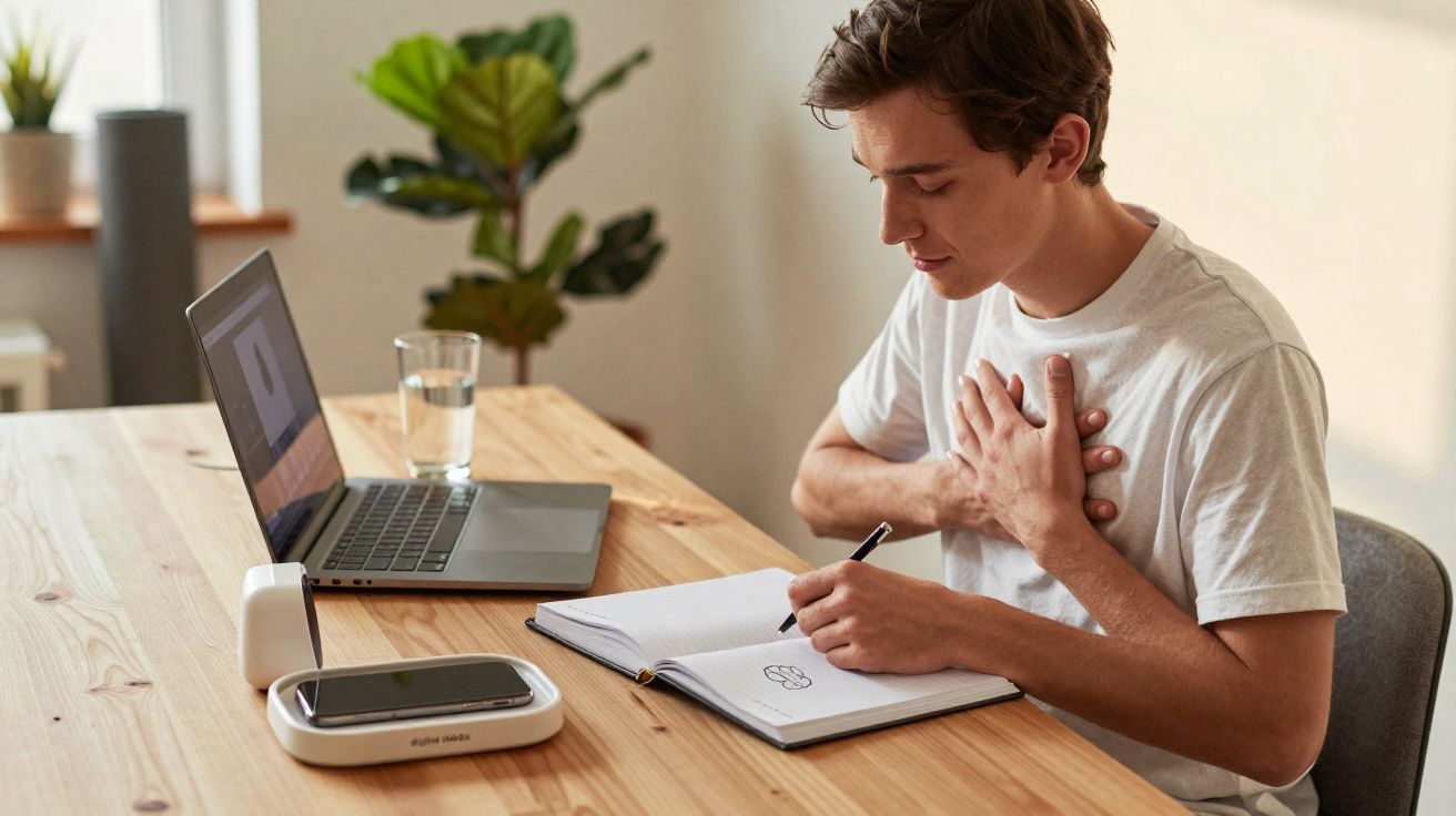 Jovem sentado à mesa com laptop, segurando o peito esquerdo e desenhando em caderno aberto.