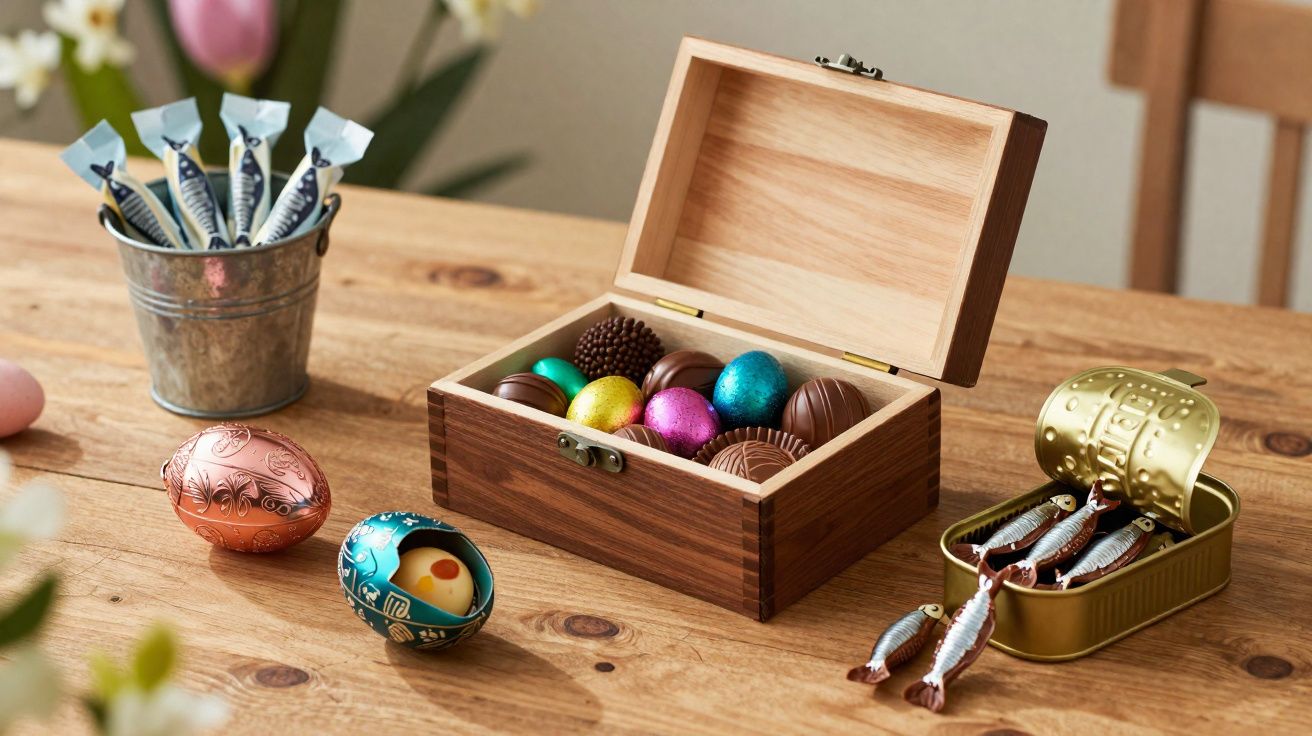 Caixa de madeira com ovos de Páscoa coloridos, ovos de chocolate e embalagens em formato de ovos e peixes sobre mesa de madei