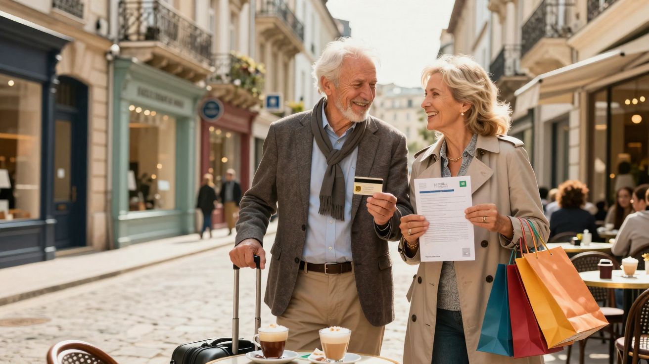 Casal idoso feliz com sacolas e documentos em rua charmosa, próxima a café em dia ensolarado.