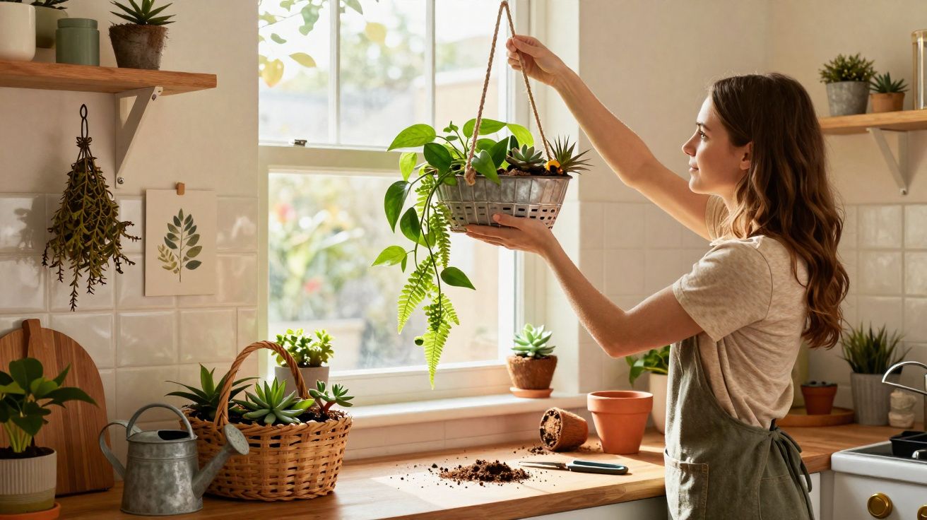 Mulher cuidando de plantas em vaso suspenso próximo à janela em cozinha iluminada e decorada com plantas.