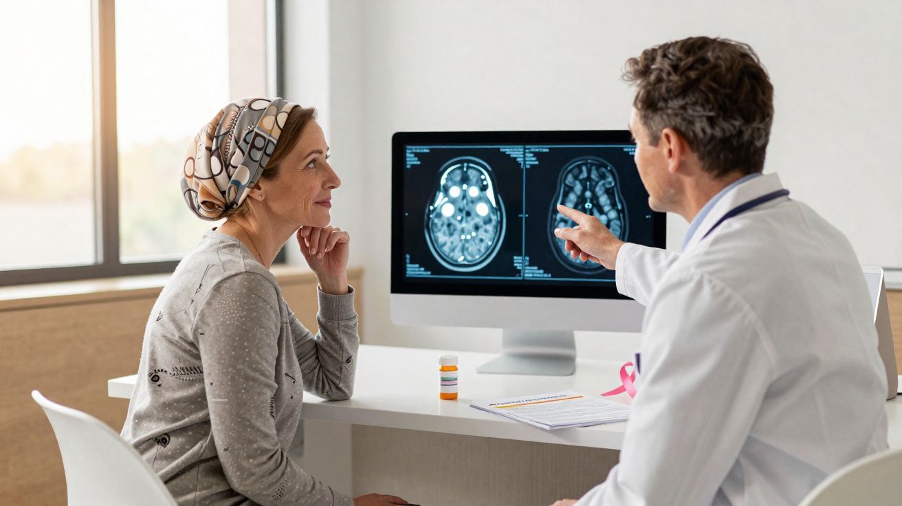 Médico mostra exames de ressonância magnética cerebral para paciente com lenço na cabeça em consulta.