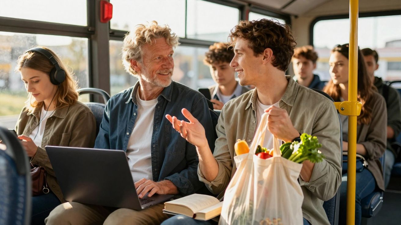 Homem jovem conversa com homem mais velho que usa laptop em ônibus cheio, outros passageiros ao fundo.