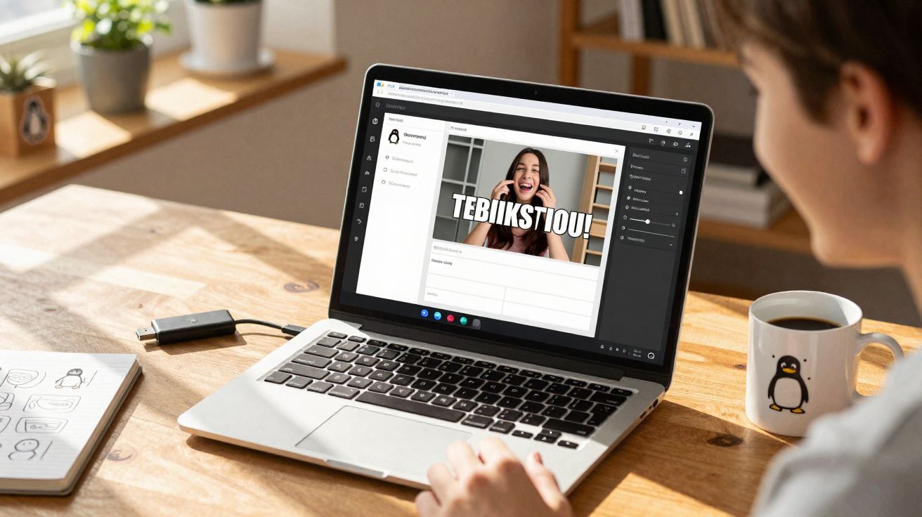 Pessoa usando notebook aberto em mesa de madeira com café, vendo vídeo com texto "TEBIIKSTIOU!" na tela.