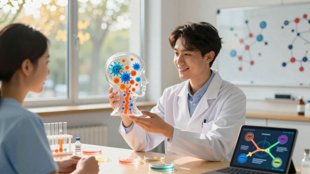 Cientista em jaleco mostrando modelo da cabeça com vírus para mulher em laboratório iluminado.