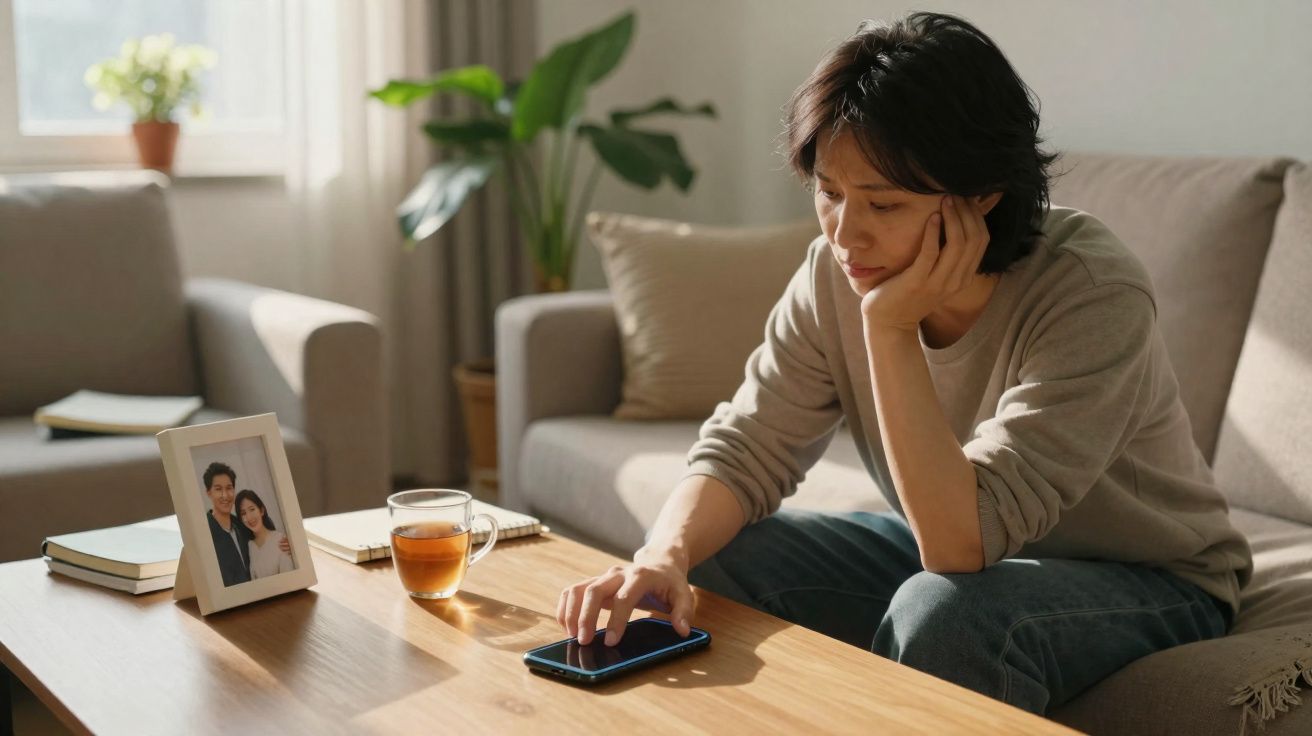 Pessoa sentada no sofá mexendo em celular, com foto de casal e xícara de chá na mesa.