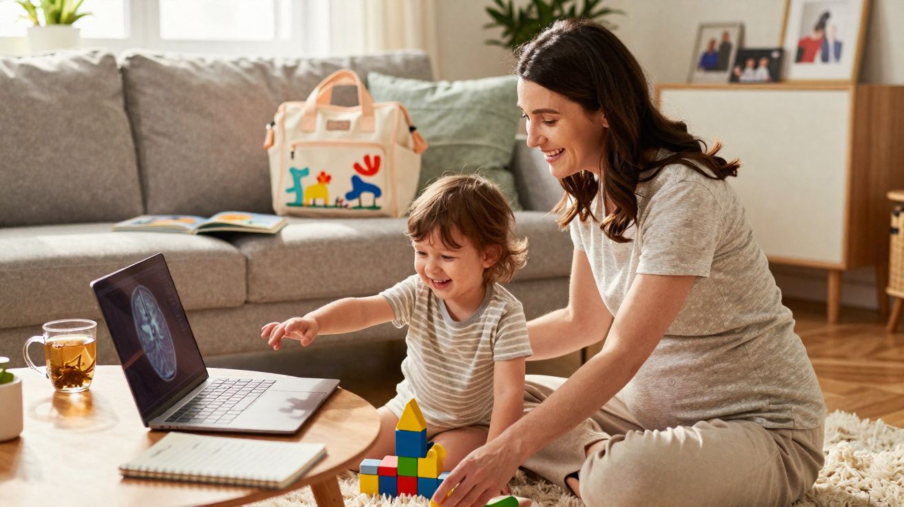 Mulher grávida e criança brincam com blocos coloridos na sala de estar, laptop aberto na mesa.