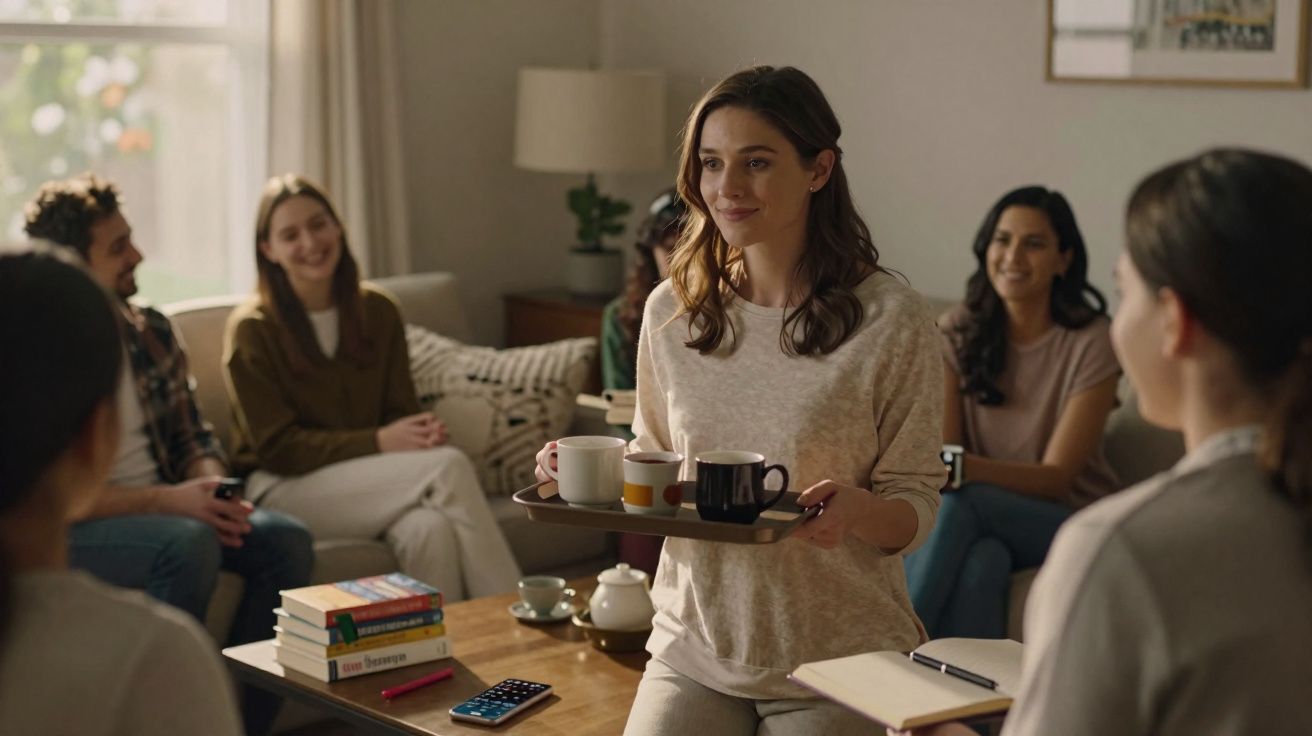 Jovem mulher servindo café para grupo de amigos reunidos e sorrindo em sala de estar aconchegante.