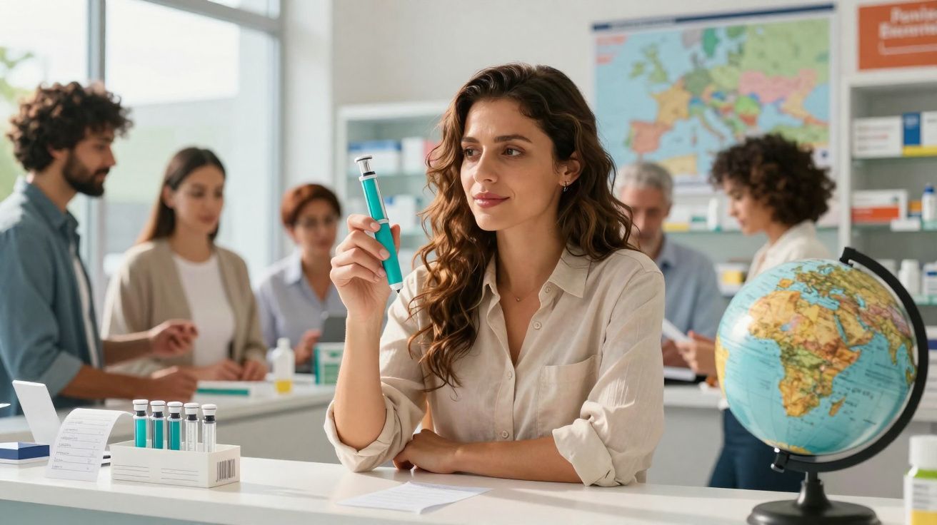 Mulher segurando frasco de remédio em farmácia com pessoas e mapa ao fundo.