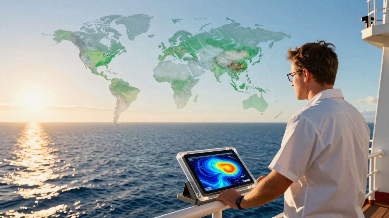 Homem observa dados meteorológicos em tablet no convés de navio com mapa mundial ao pôr do sol no oceano.