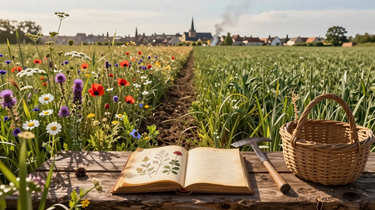 Livro de botânica aberto, cesta e enxada sobre mesa de madeira, campo florido e vilarejo ao fundo.