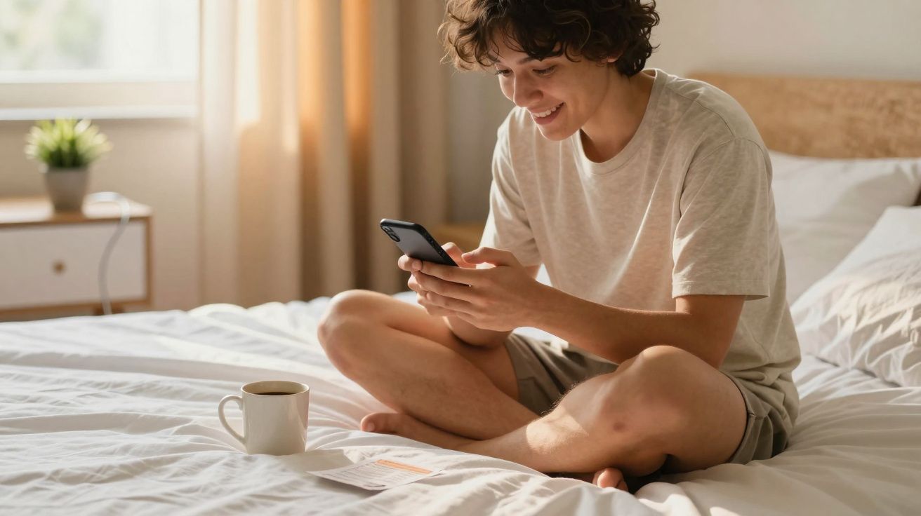Pessoa sorridente usando celular sentada na cama com xícara de café e papéis ao lado.