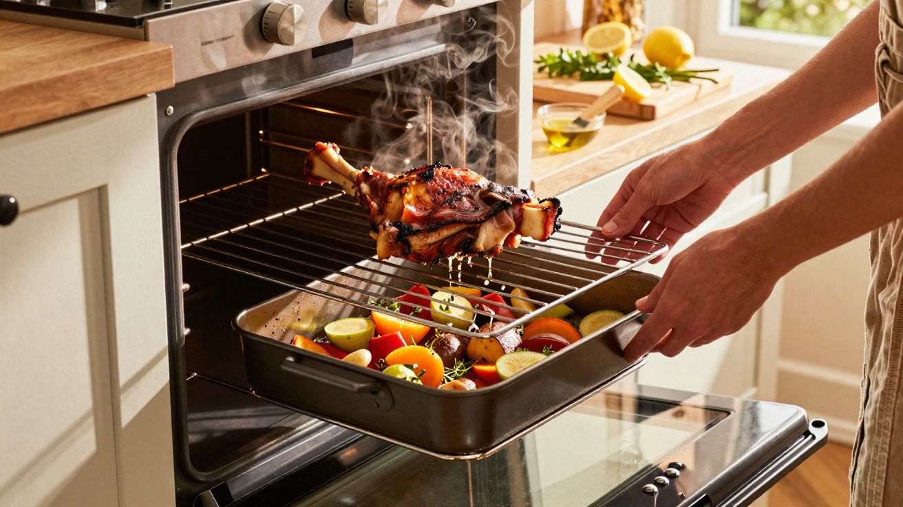 Mão retirando peça de carne assada do forno com legumes coloridos em assadeira na cozinha iluminada.