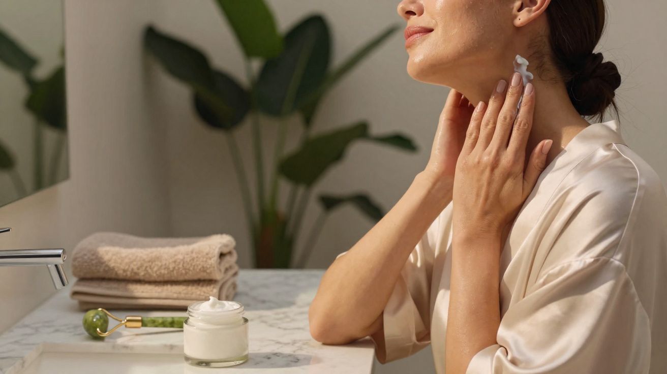 Mulher aplicando creme no pescoço em banheiro com toalhas e rolo facial na bancada.