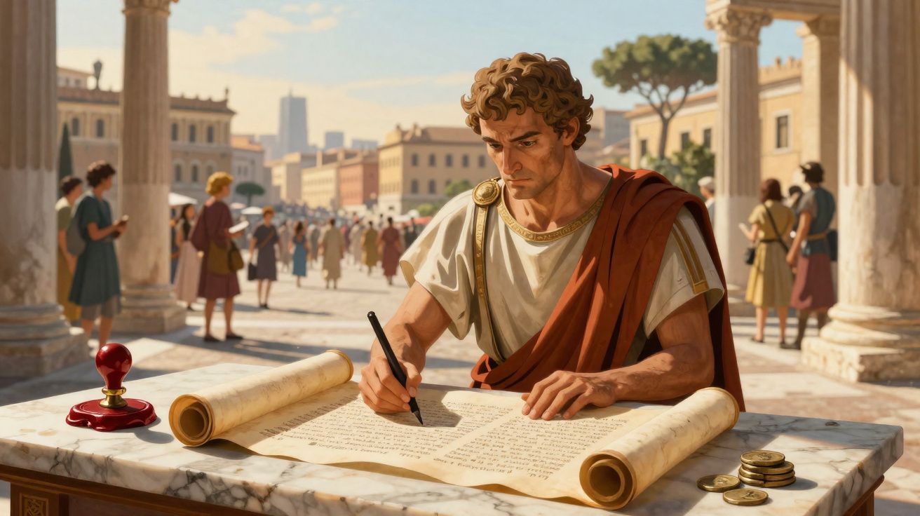 Homem romano escrevendo em pergaminho em mesa de mármore em praça pública antiga.