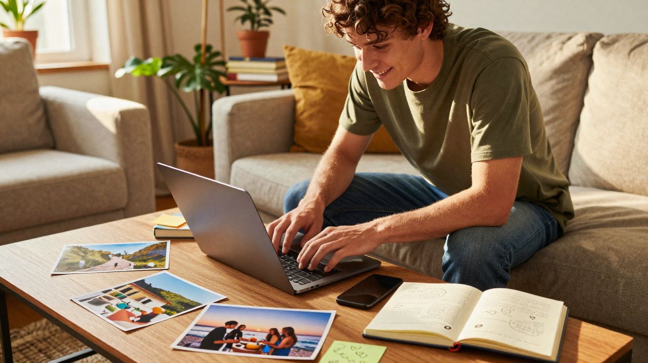 Jovem sentado no sofá trabalhando em laptop com fotos e caderno sobre a mesa de madeira.