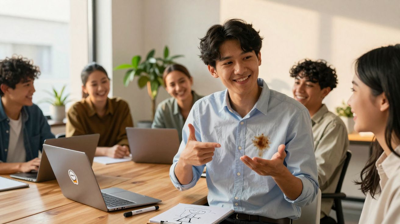 Grupo de jovens em reunião com laptops, um rapaz aponta para mancha na camisa sorrindo.