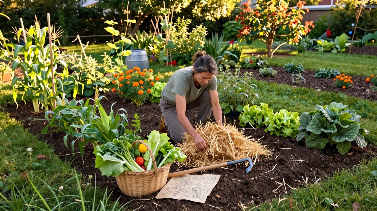 Pessoa adulta cuidando de jardim orgânico com plantas e cesta de legumes frescos ao lado.