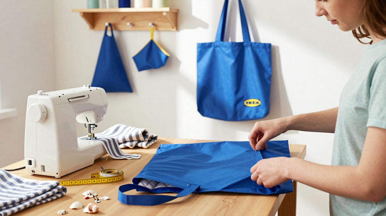 Pessoa costurando bolsa azul em mesa com máquina de costura, botões e fita métrica em ambiente claro.