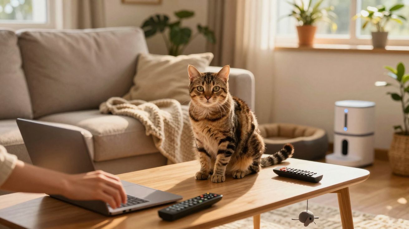 Gato sentado em mesa de madeira, com pessoa usando notebook ao fundo, em sala iluminada e aconchegante.