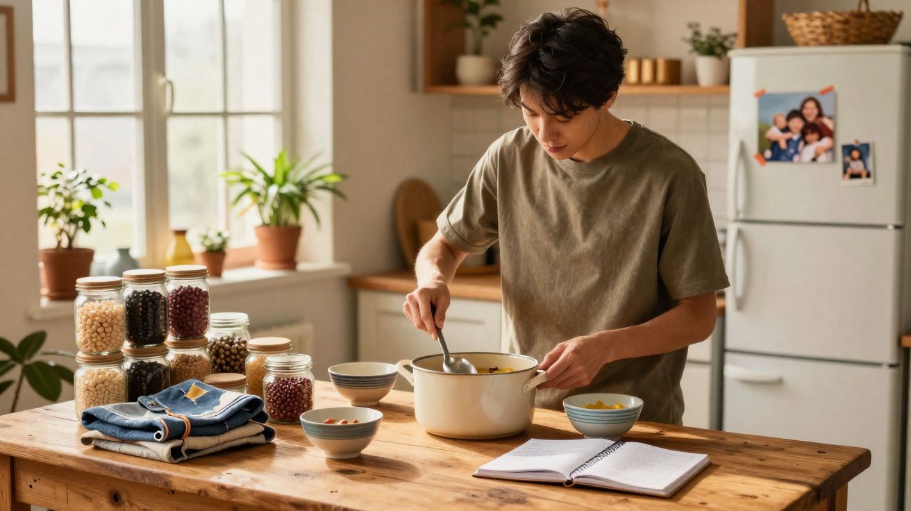 Pessoa mexendo comida em panela na cozinha com potes de grãos e caderno aberto sobre mesa de madeira.