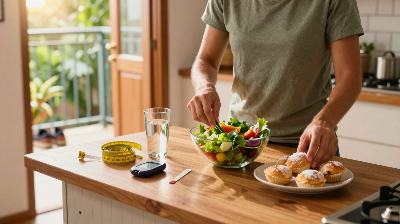 Pessoa prepara salada com saudável e muffins na cozinha, ao lado de copo de água, fita métrica e glicosímetro.
