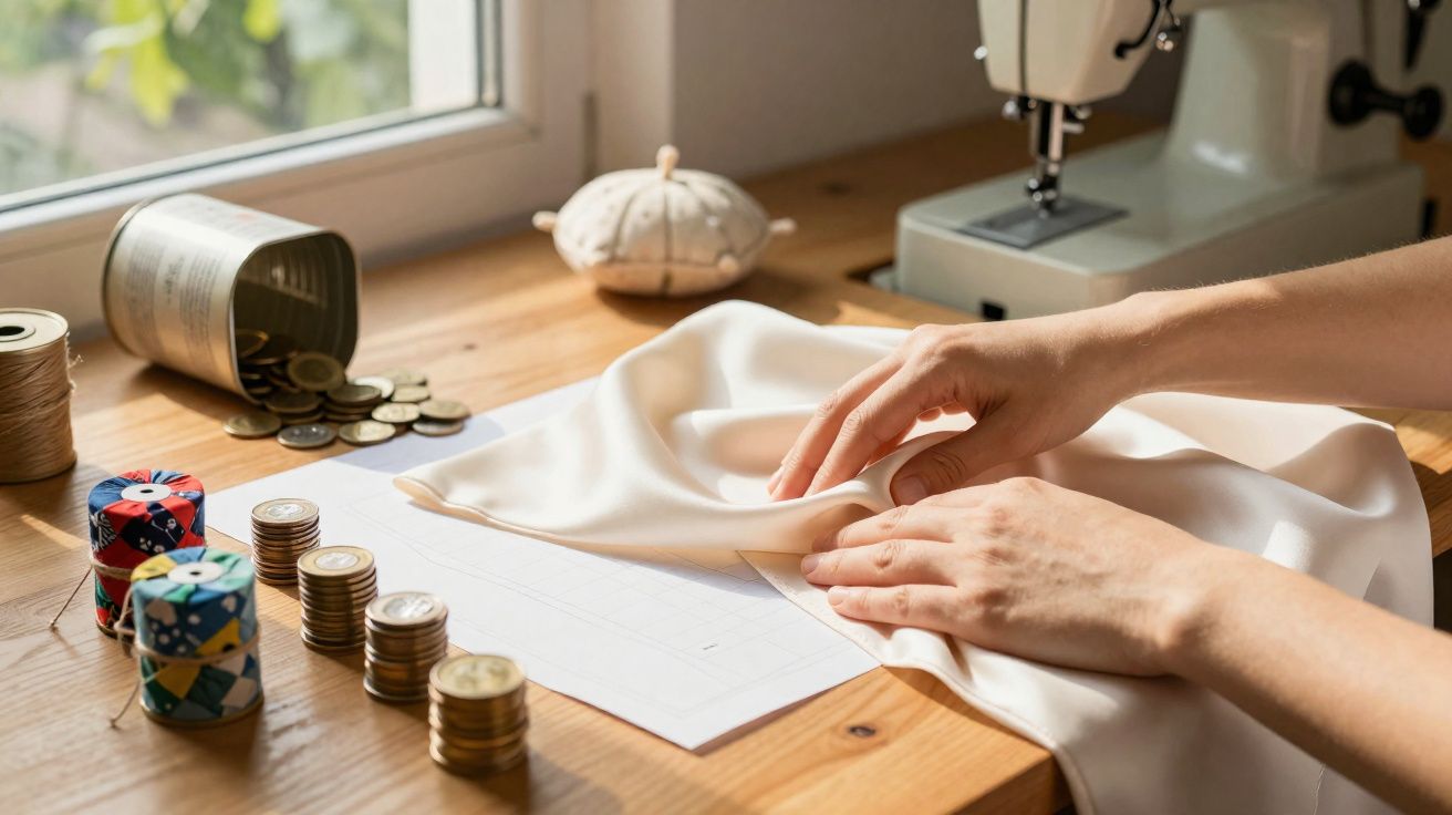 Mãos manipulando tecido branco em mesa com moedas empilhadas, máquina de costura e janela ao fundo.