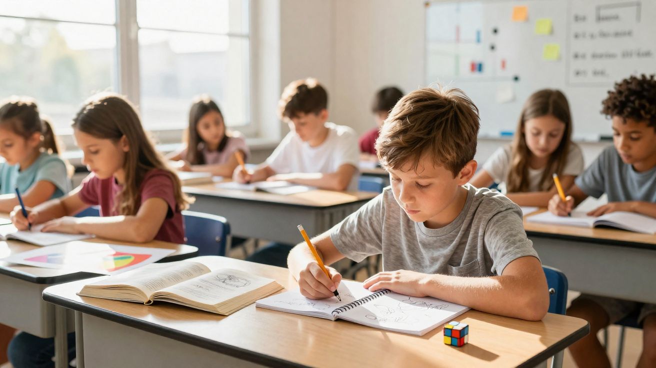 Crianças em sala de aula escrevendo em cadernos com livros e um cubo mágico nas mesas.
