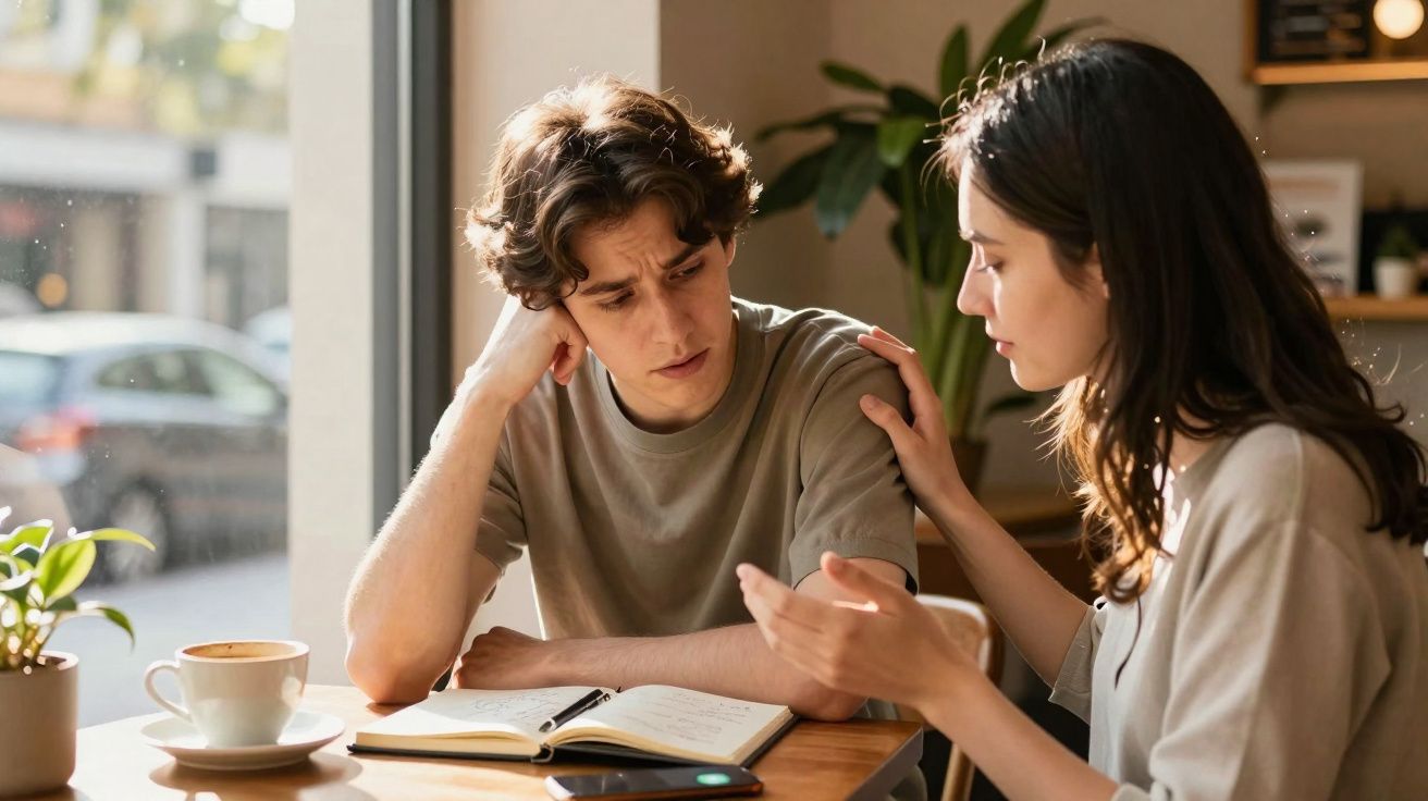 Jovem preocupado sendo consolado por mulher em café, com caderno e xícara na mesa.