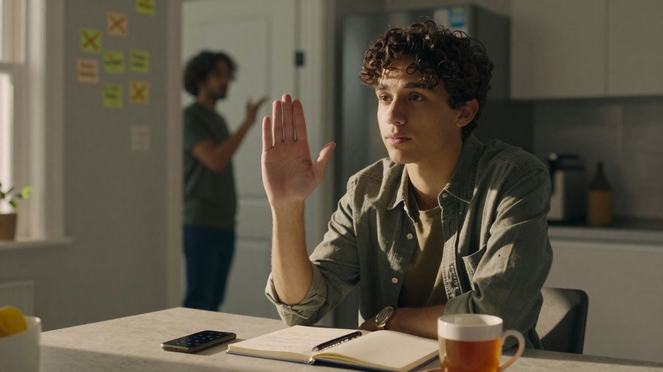 Jovem sentado à mesa com caderno aberto levanta a mão, enquanto outra pessoa fala ao fundo na cozinha.