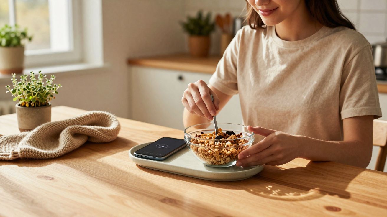 Mulher com camiseta bege comendo granola em tigela de vidro em mesa de madeira clara.