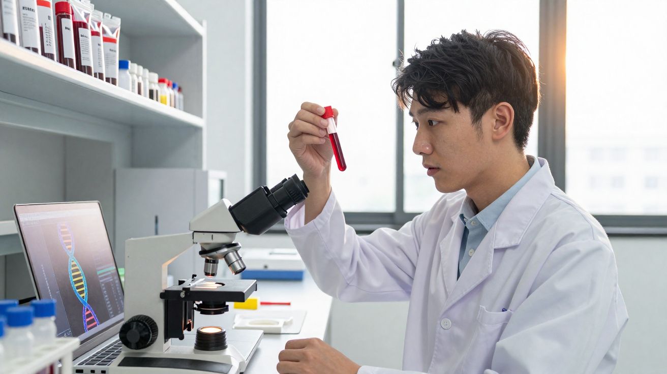 Cientista com jaleco segurando tubo de ensaio com sangue em laboratório moderno e computador ao fundo.