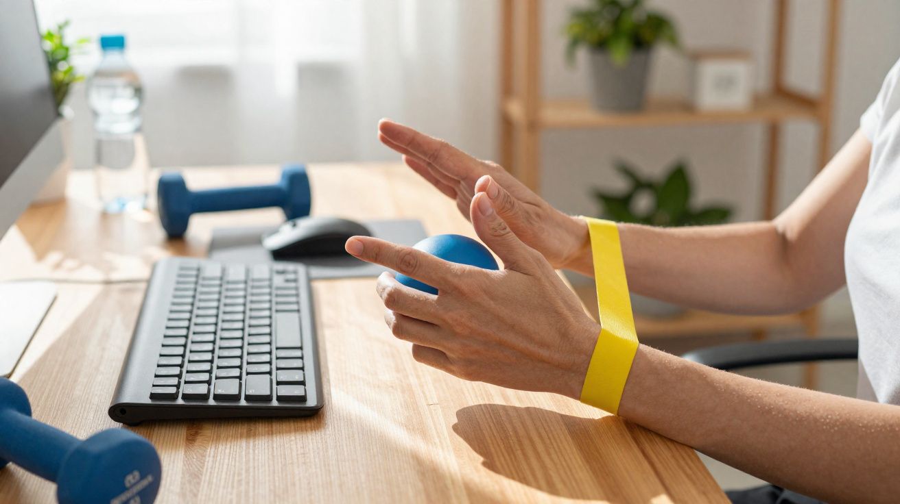 Pessoa usando elástico amarelo no pulso para exercícios de mão com bola ao lado de teclado e halteres na mesa.