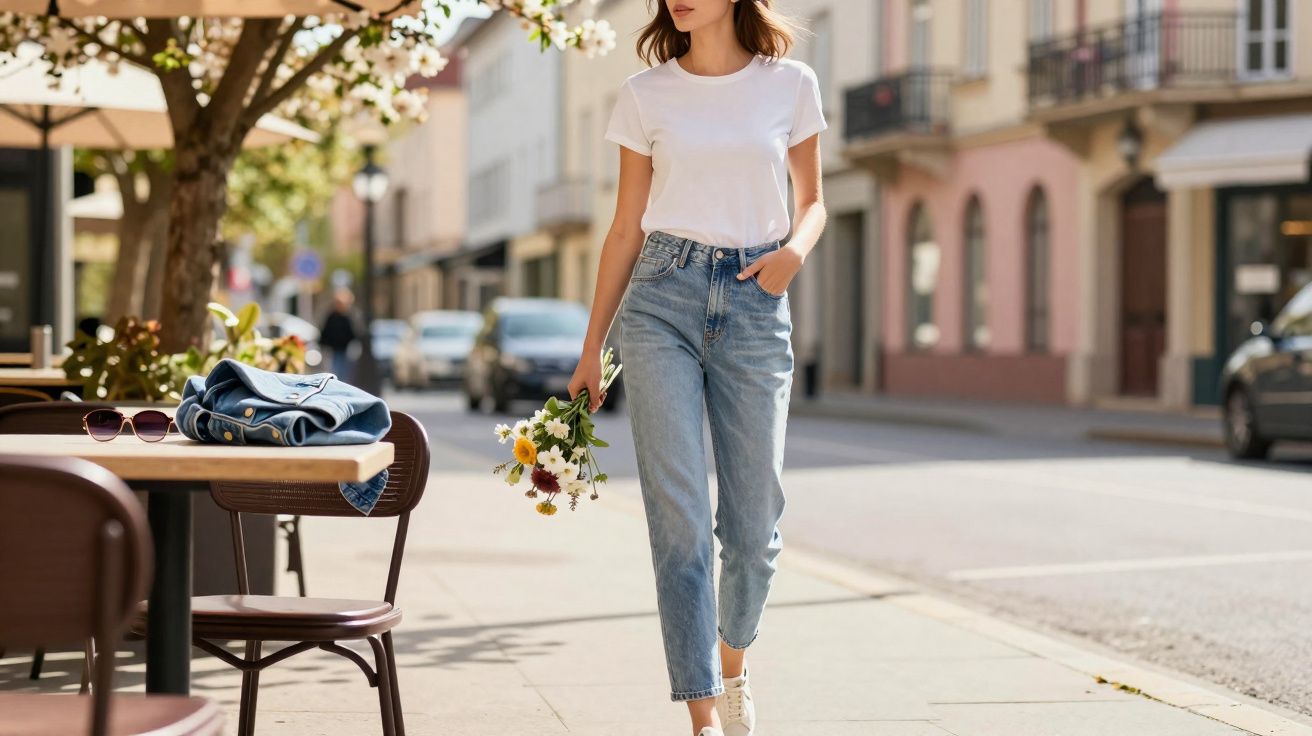Mulher caminhando na rua com camiseta branca, jeans, tênis branco e segurando um buquê de flores.