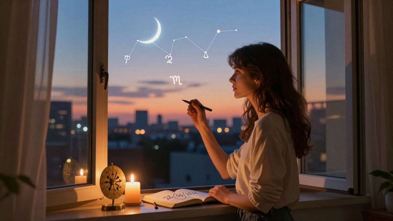 Mulher observando constelações e símbolos do zodíaco desenhados na janela ao anoitecer.
