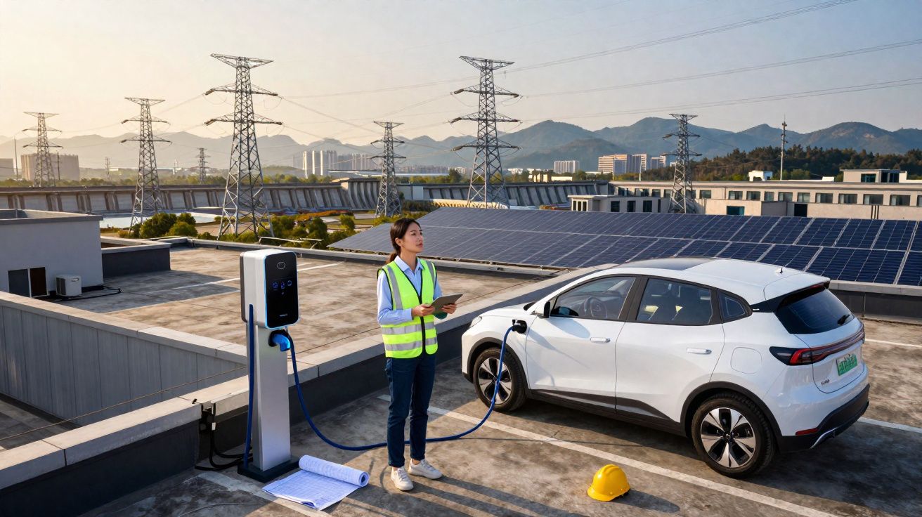 Mulher com colete refletivo carregando carro elétrico em estação com painéis solares no telhado ao fundo.