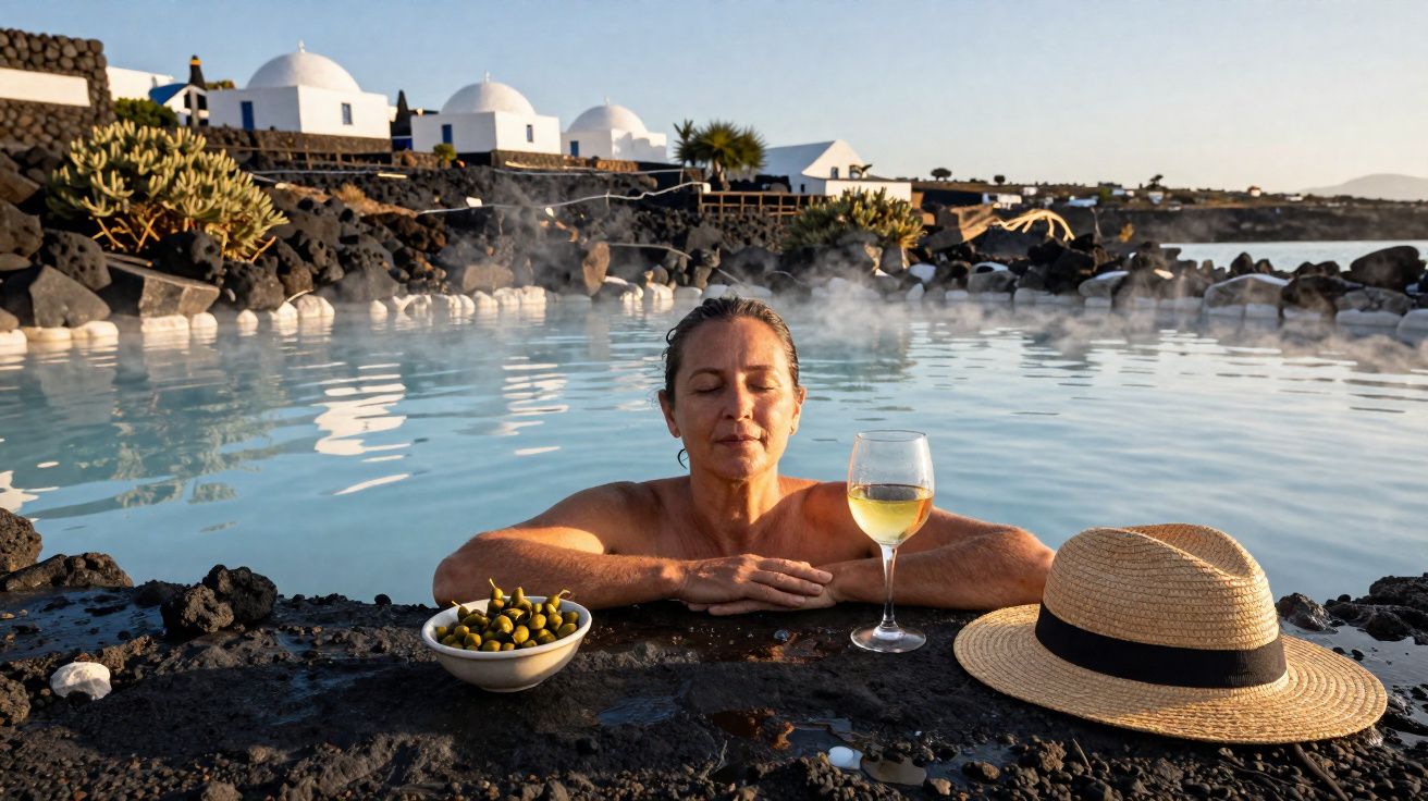 Mulher relaxa em piscina termal ao ar livre, com taça de vinho, cumbuca de azeitonas e chapéu de palha ao lado.